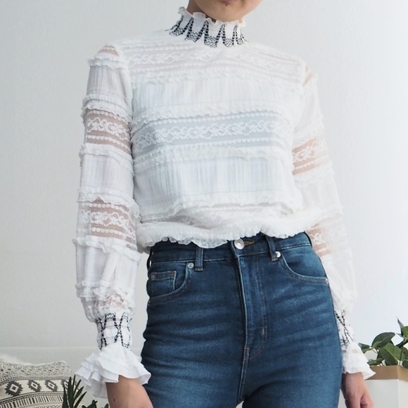 Cache Cache Tops - HP! NWOT lace top black zig zag stitching